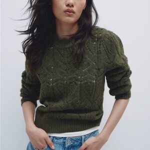 H&M Dark Green Women's Pointelle Knit Crew Neck Sweater